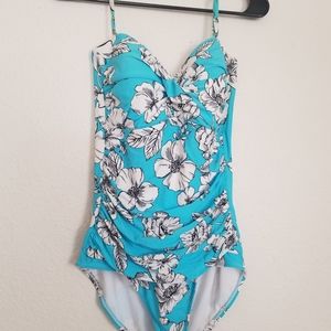 Floral print blue one piece bathing suit